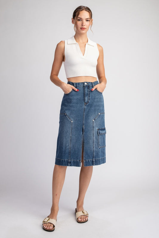 Mineral Washed Denim Midi Skirt