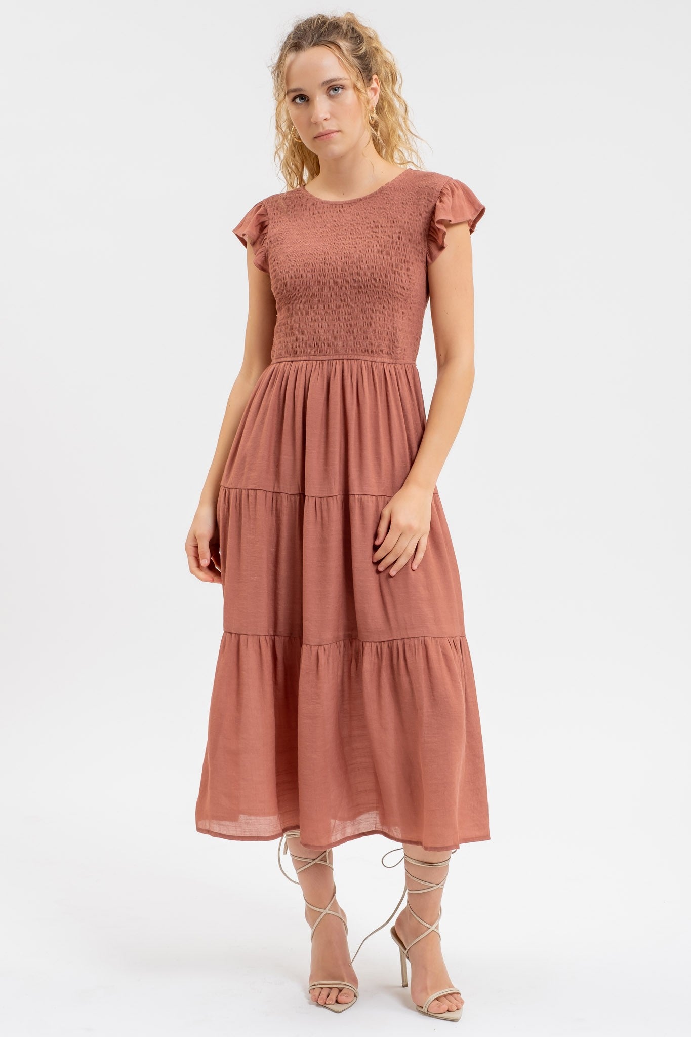 Smock Bust Tiered Midi Dress (Terracotta)