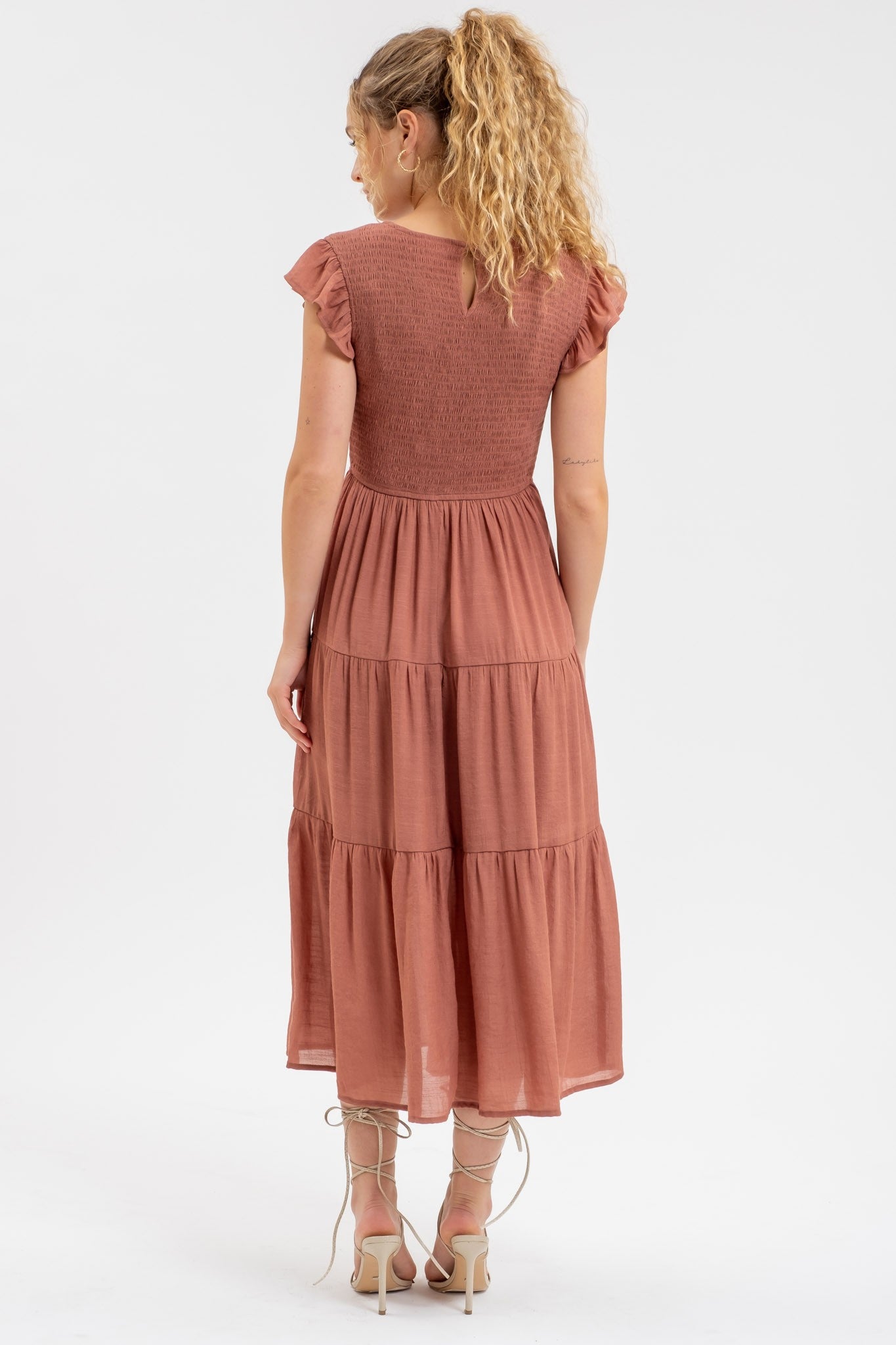 Smock Bust Tiered Midi Dress (Terracotta)