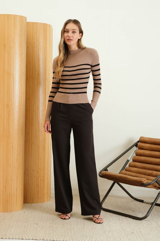 Stripe Mock Neck Long Sleeve Sweater (Mocha)