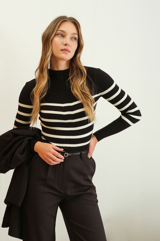 Stripe Mock Neck Long Sleeve Sweater (Black)