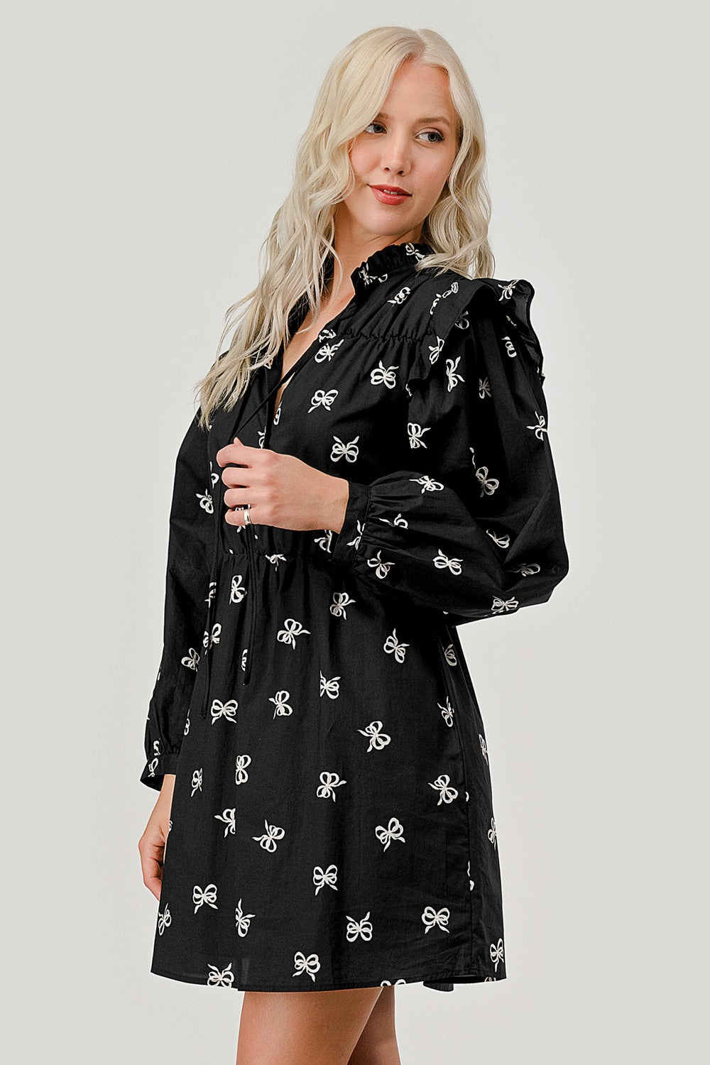 Long Sleeve Bow Print Cotton Poplin Dress (S - 3XL)