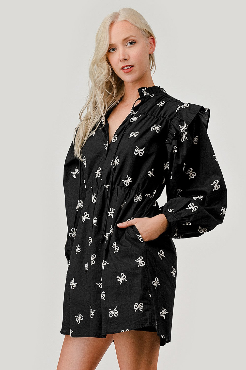 Long Sleeve Bow Print Cotton Poplin Dress (S - 3XL)