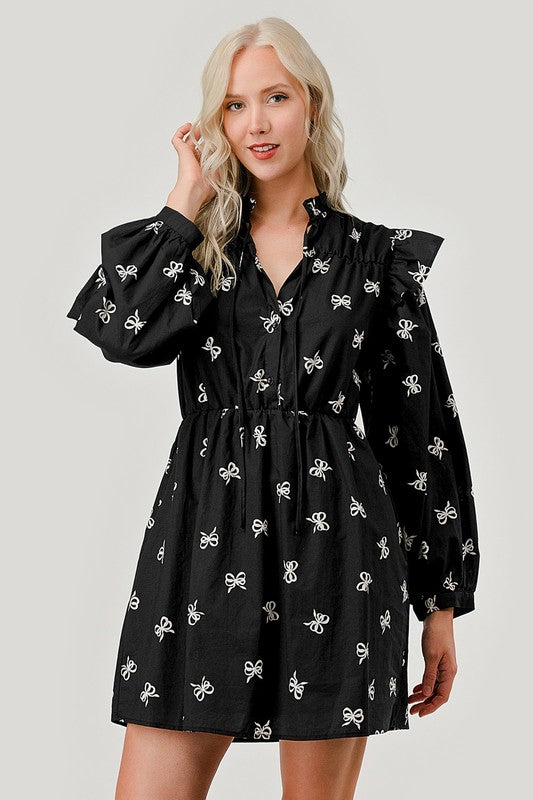 Long Sleeve Bow Print Cotton Poplin Dress (S - 3XL)