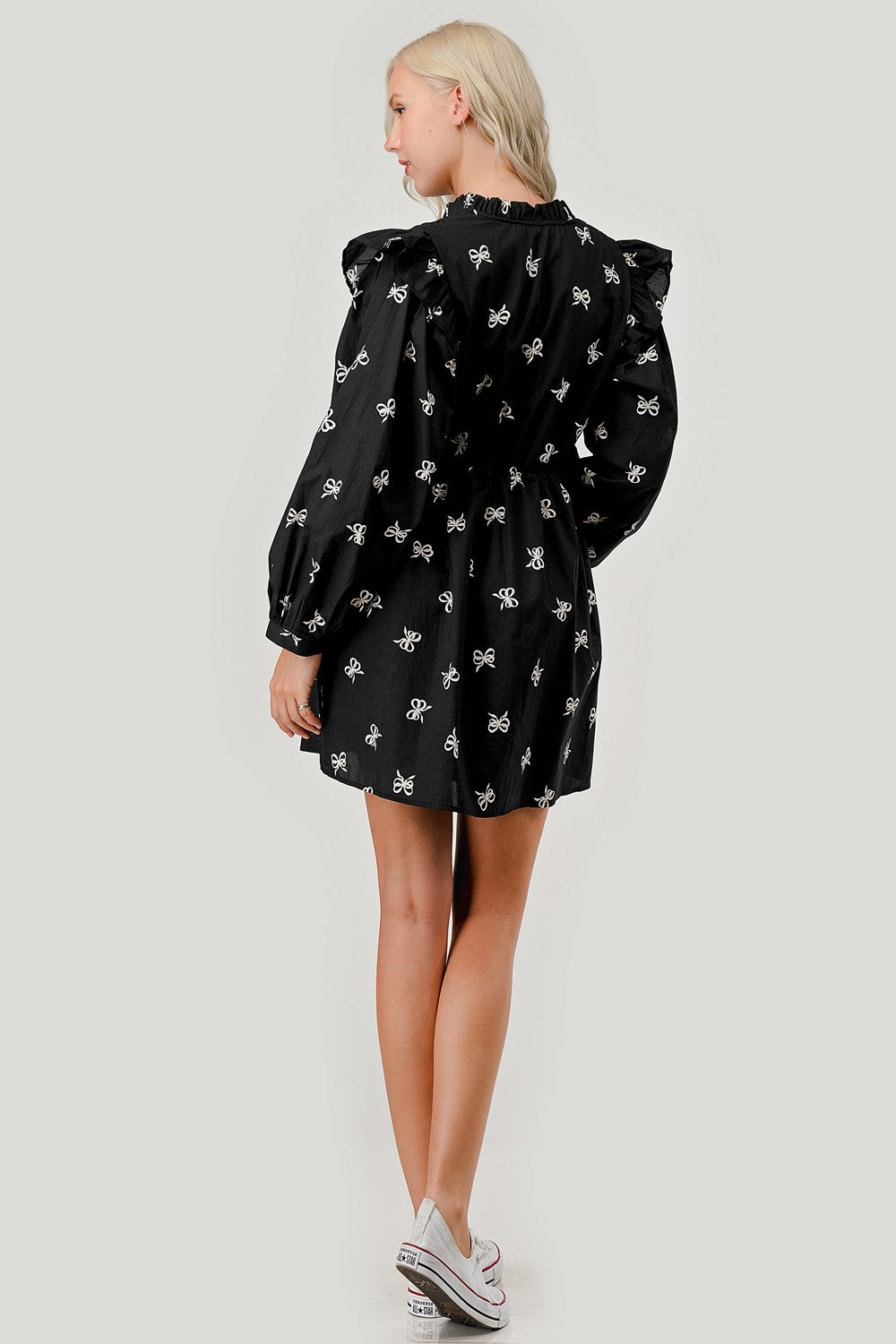 Long Sleeve Bow Print Cotton Poplin Dress (S - 3XL)