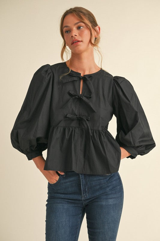 3/4 Sleeve Bow Front Peplum Top