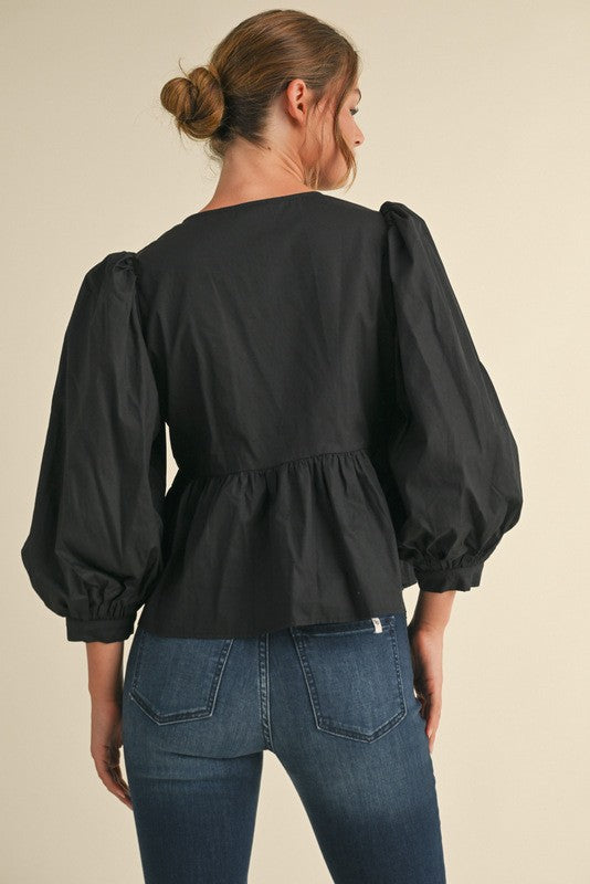 3/4 Sleeve Bow Front Peplum Top