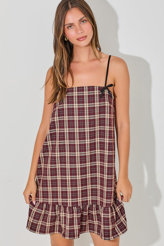 Bow Detail Spaghetti Strap Plaid Mini Dress