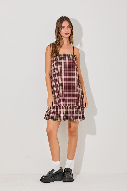 Bow Detail Spaghetti Strap Plaid Mini Dress Large