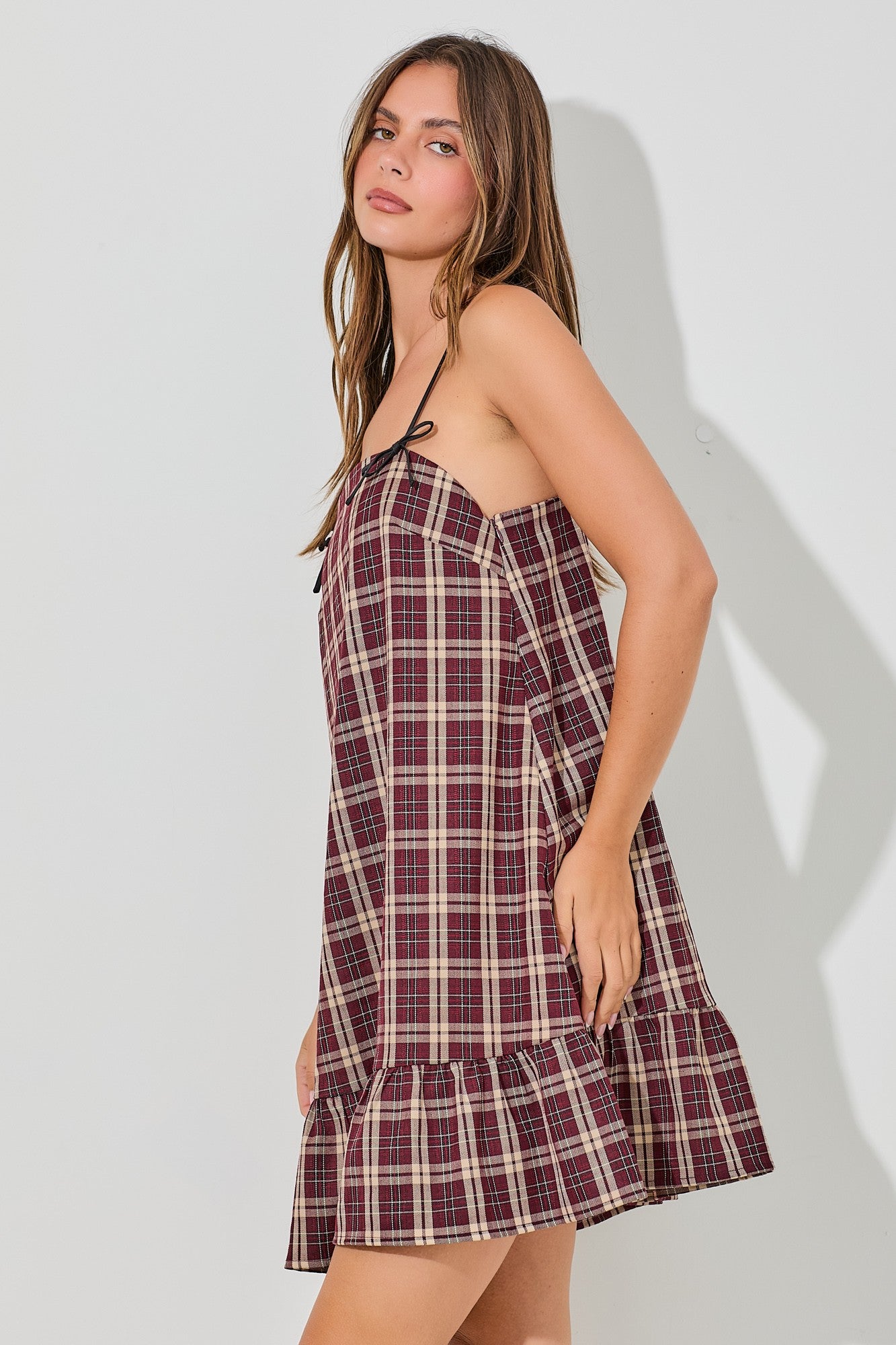 Bow Detail Spaghetti Strap Plaid Mini Dress