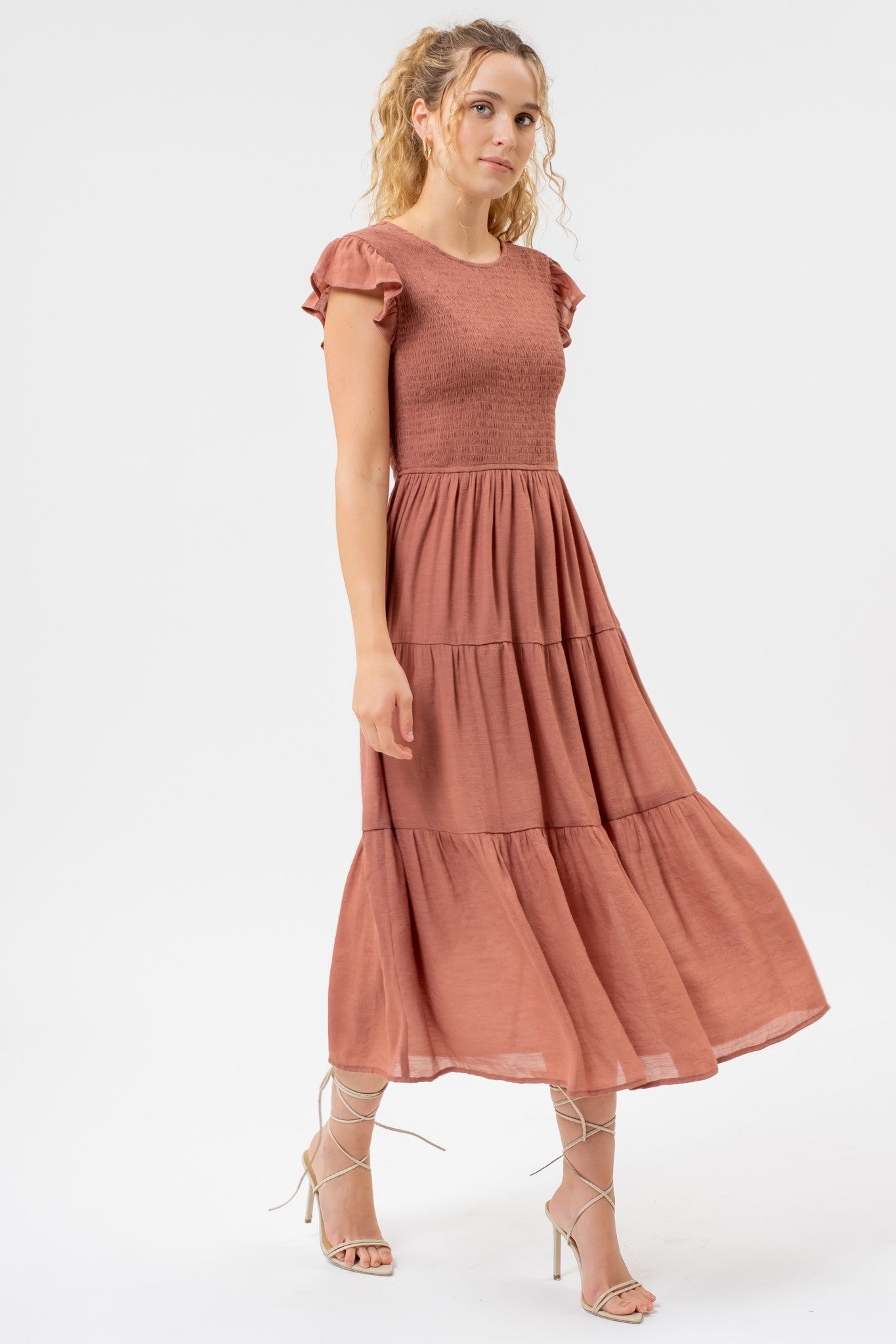 Smock Bust Tiered Midi Dress (Terracotta)