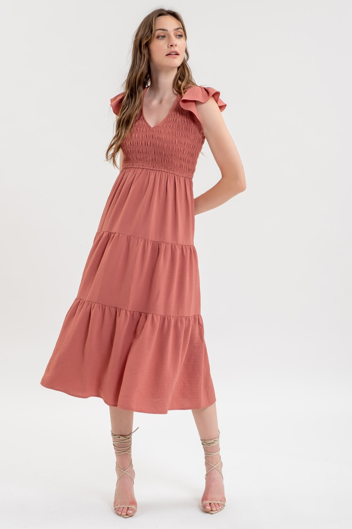 Smocked Top Flutter Sleeve Midi Dress