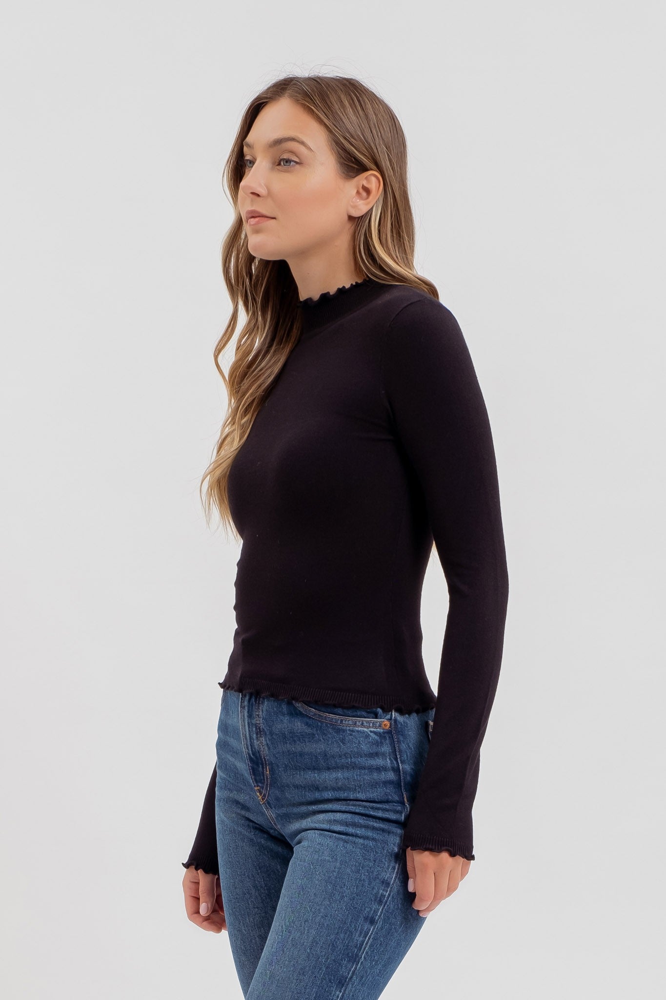 Lettuce Trim Mock Neck Lightweight Sweater (Black)