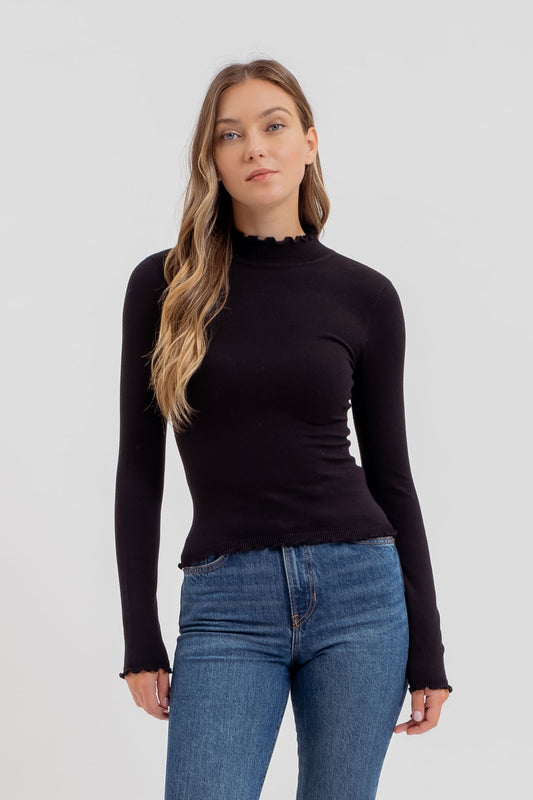 Lettuce Trim Mock Neck Lightweight Sweater (Black)