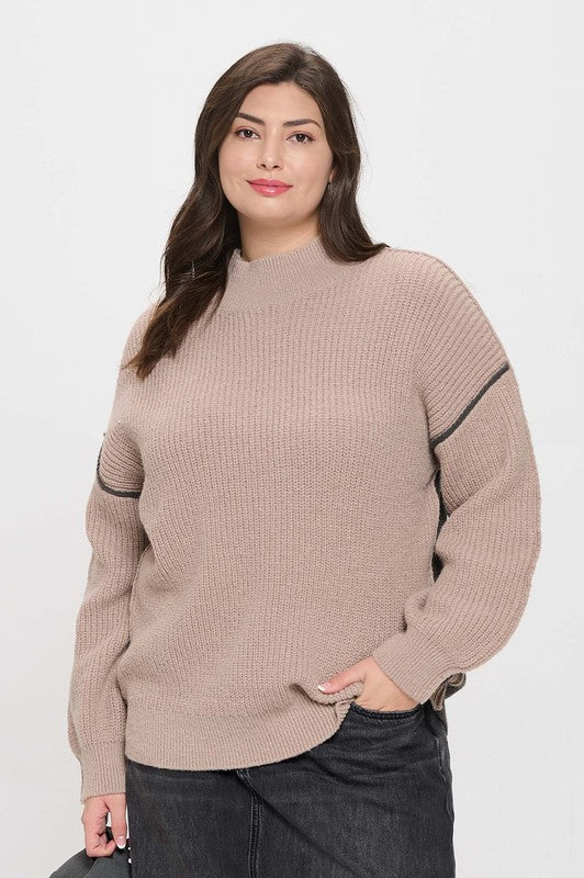 Two Tone Mock Neck Exposed Seam Sweater (Plus Size)