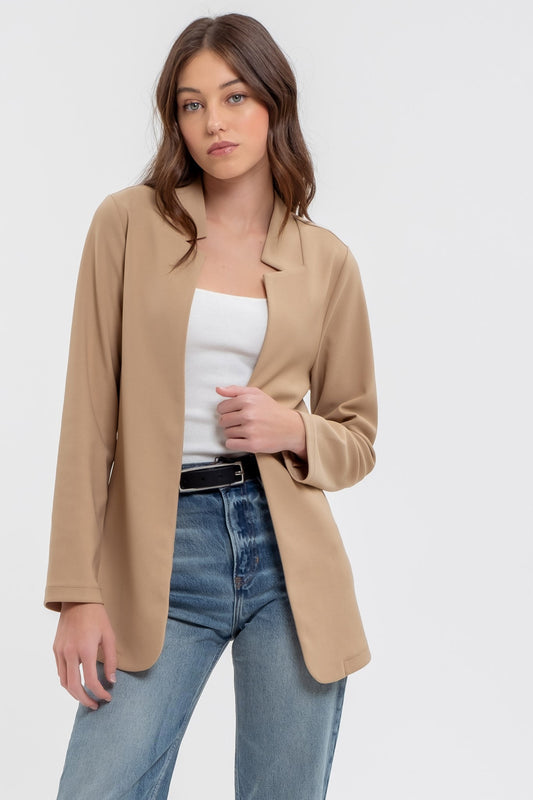 Notch Collar Long Line Blazer (Khaki)