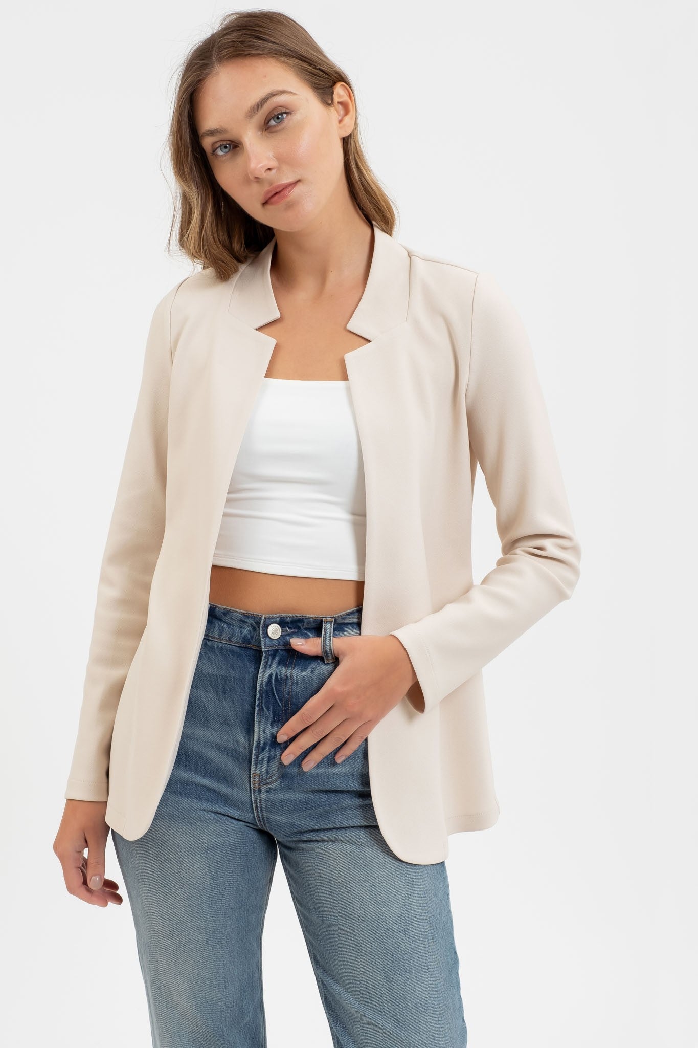 Notch Collar Long Line Blazer (Oatmeal)