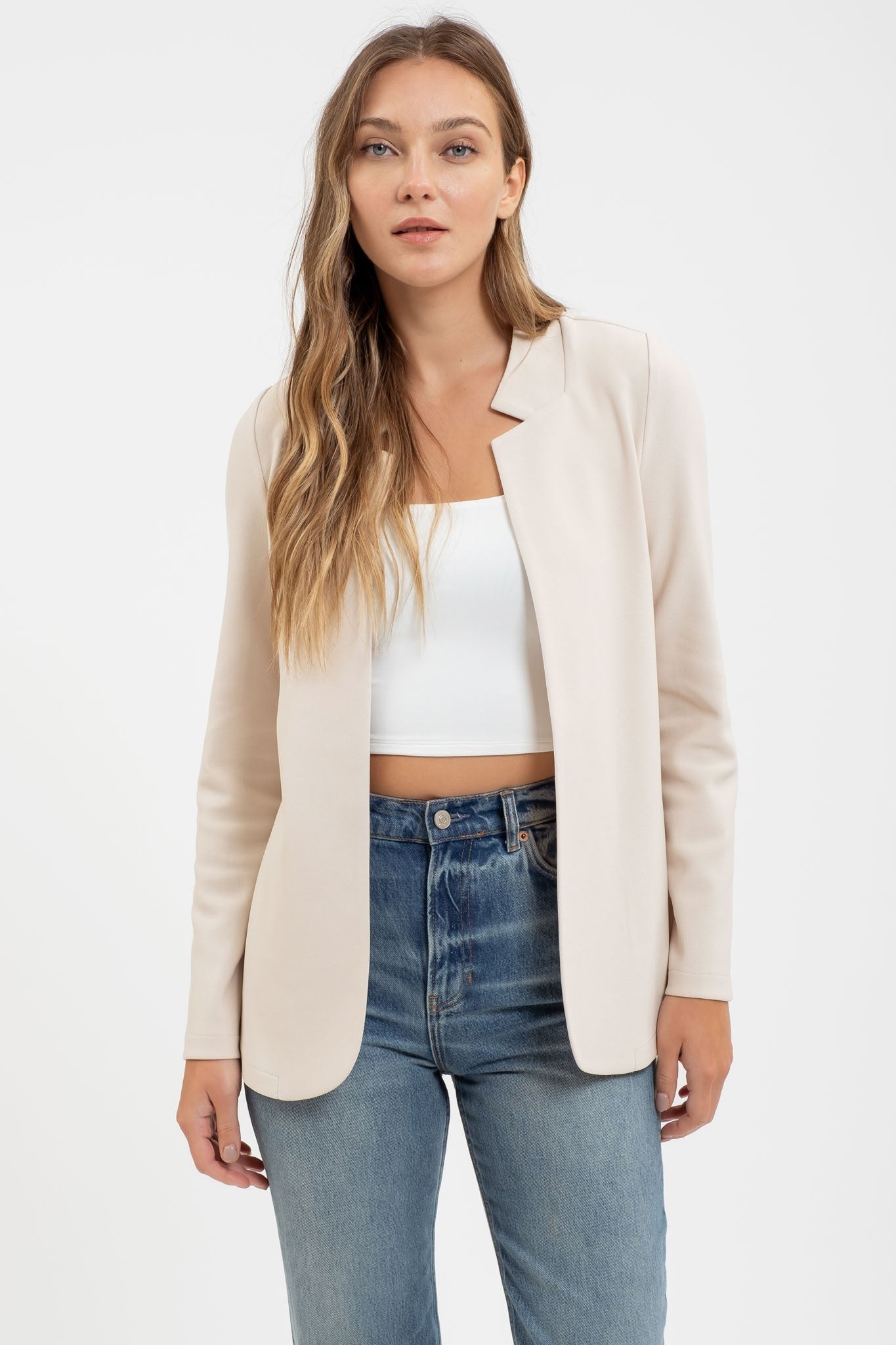 Notch Collar Long Line Blazer (Oatmeal)