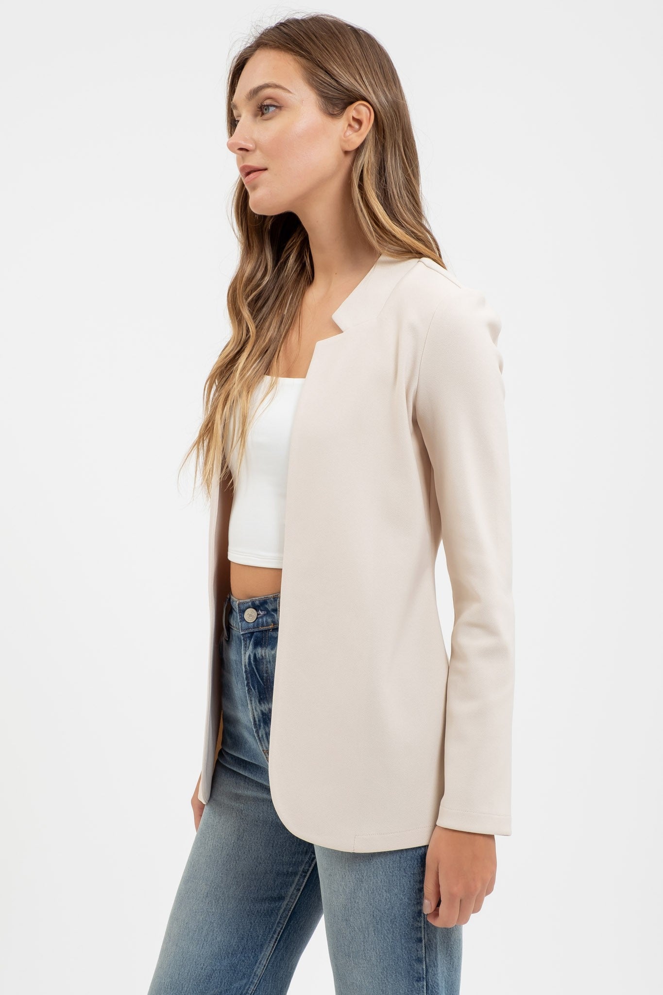 Notch Collar Long Line Blazer (Oatmeal)