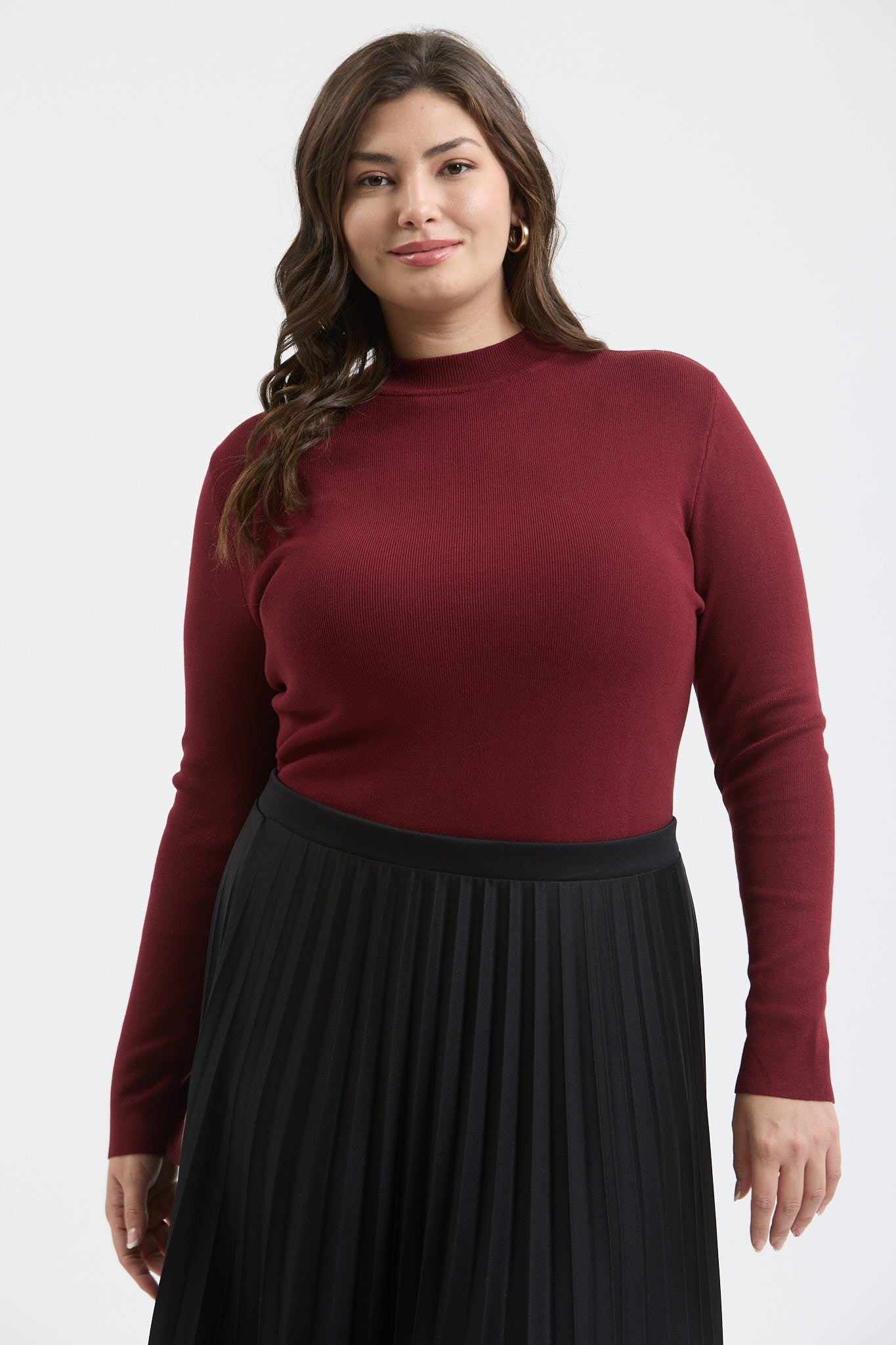 Mock Neck Long Sleeve Lightweight Sweater (Plus Size - Oxblood)