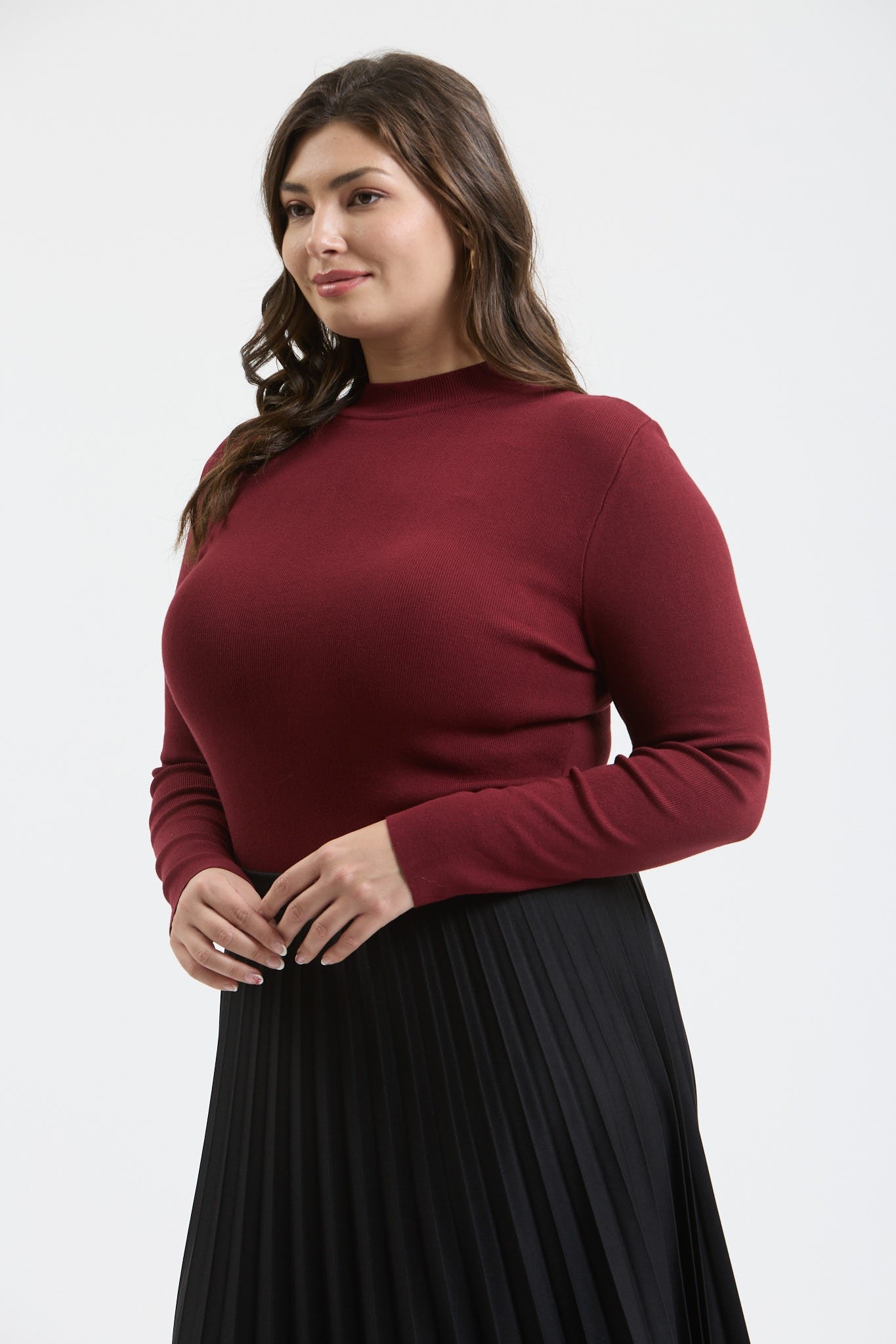 Mock Neck Long Sleeve Lightweight Sweater (Plus Size - Oxblood)