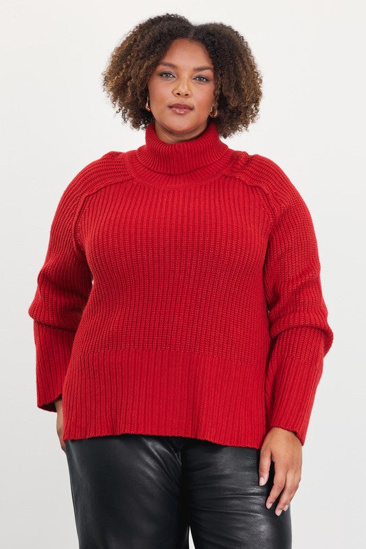 Side Slit Red Turtleneck (Plus Size)