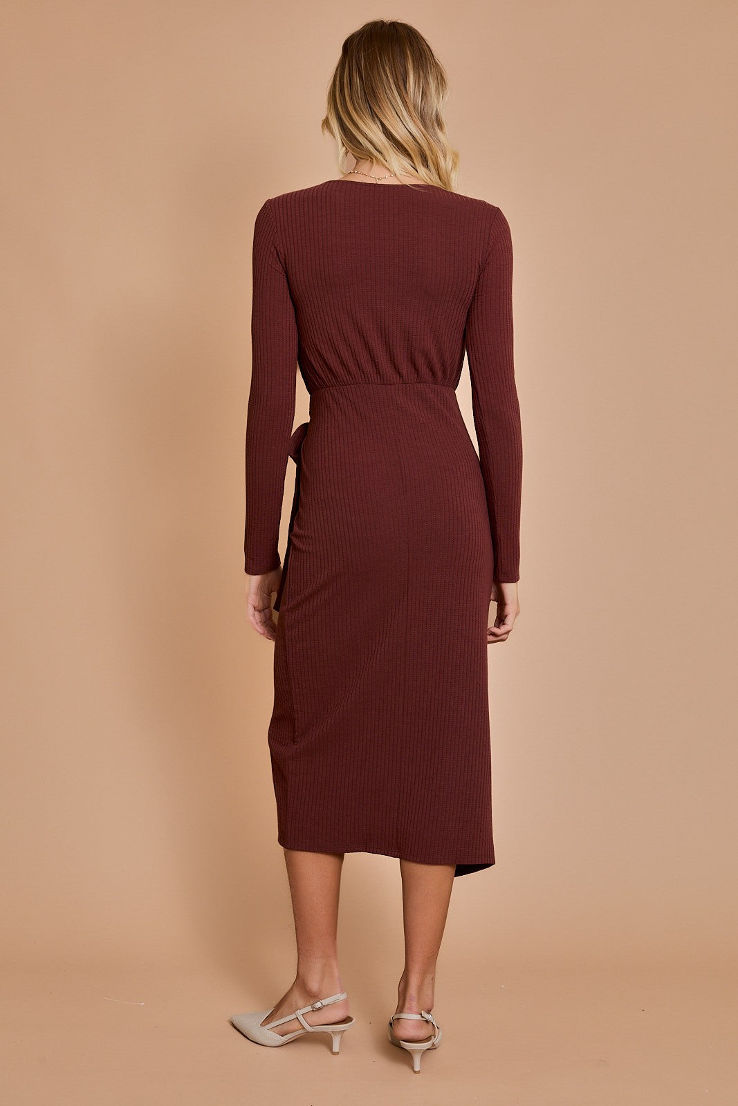 Front Wrap Long Sleeve Midi Dress