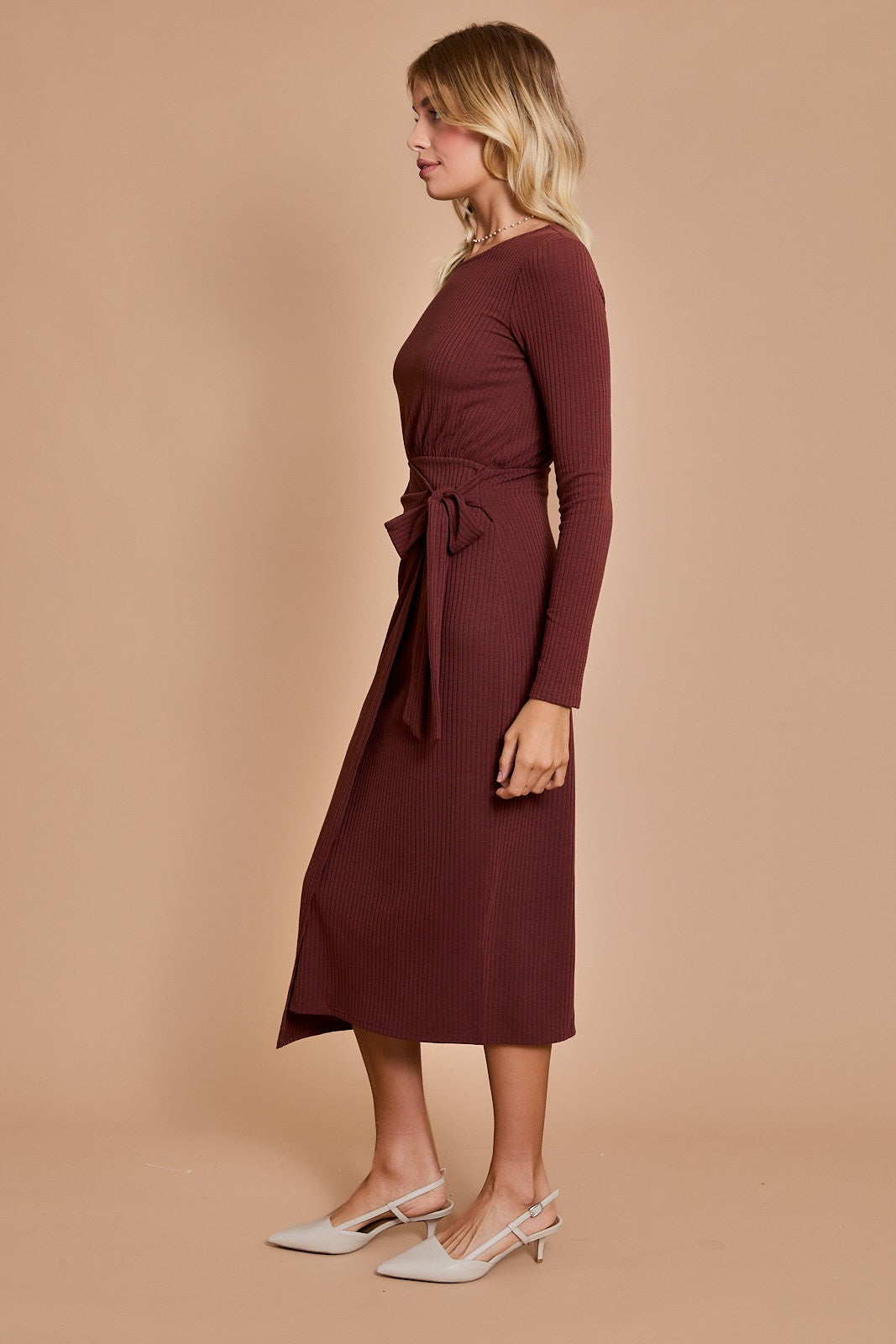 Front Wrap Long Sleeve Midi Dress