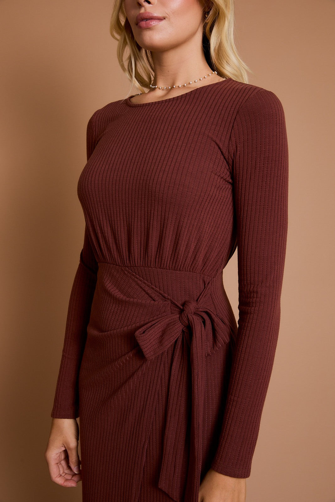 Front Wrap Long Sleeve Midi Dress