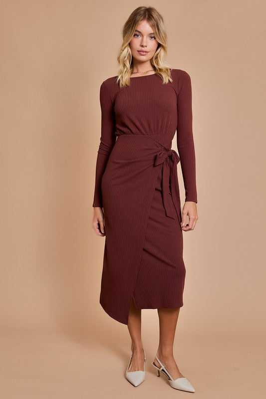 Front Wrap Long Sleeve Midi Dress