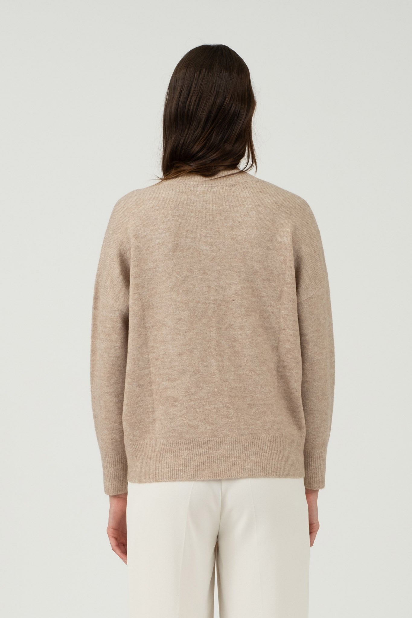 Solid V-Neck Drop Shoulder Lightweight Knit Sweater (Light Taupe)