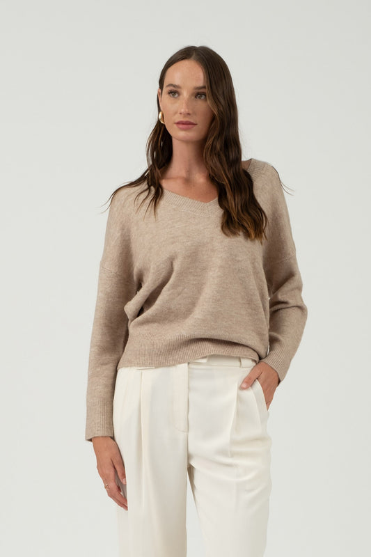 Solid V-Neck Drop Shoulder Lightweight Knit Sweater (Light Taupe)