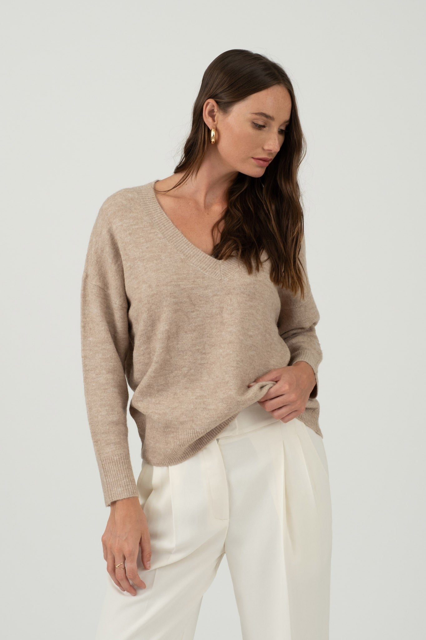 Solid V-Neck Drop Shoulder Lightweight Knit Sweater (Light Taupe)