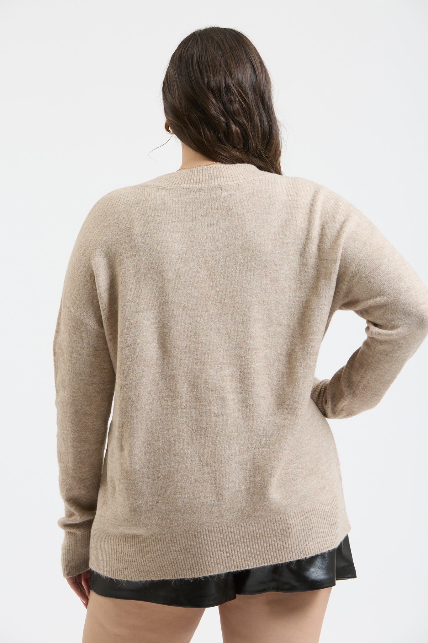 Solid V-Neck Drop Shoulder Lightweight Knit Sweater (Plus Size - Light Taupe)