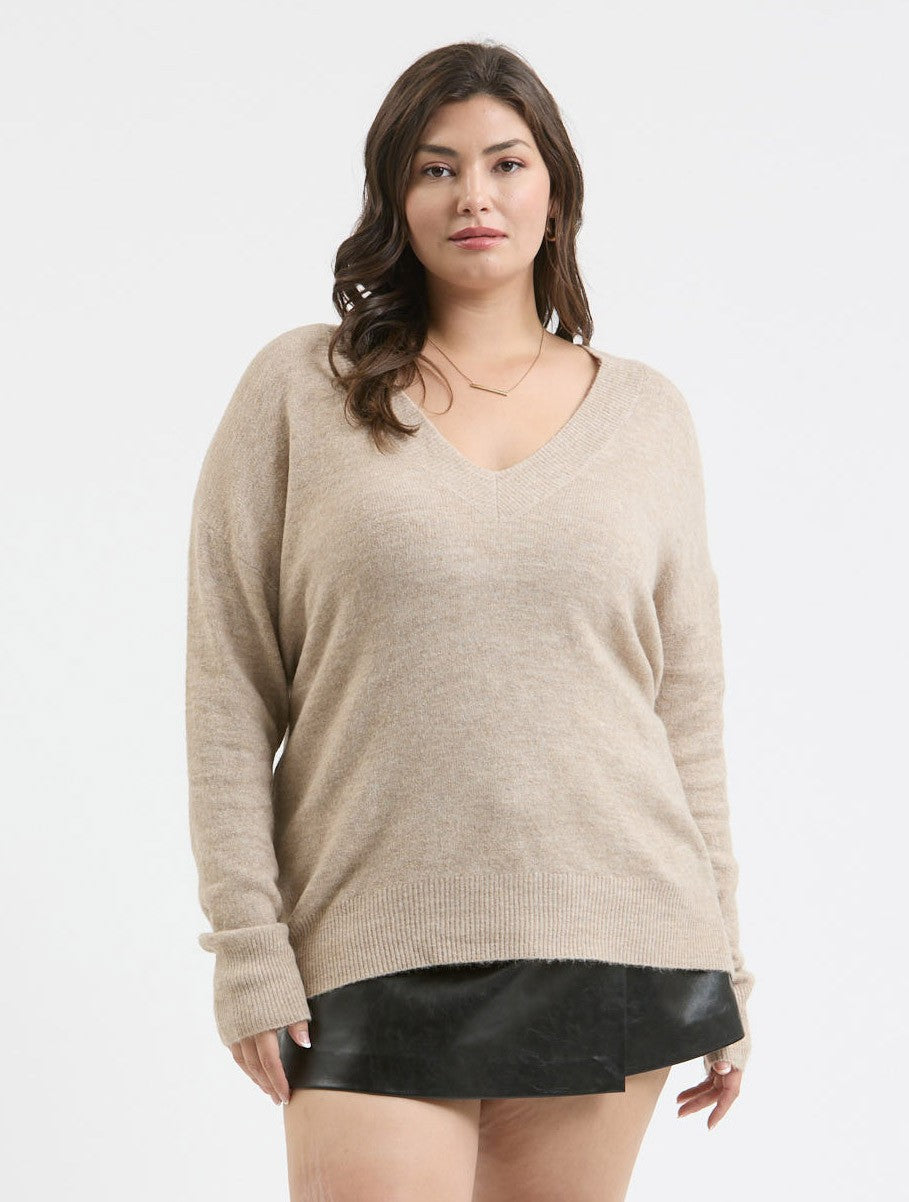 Solid V-Neck Drop Shoulder Lightweight Knit Sweater (Plus Size - Light Taupe)