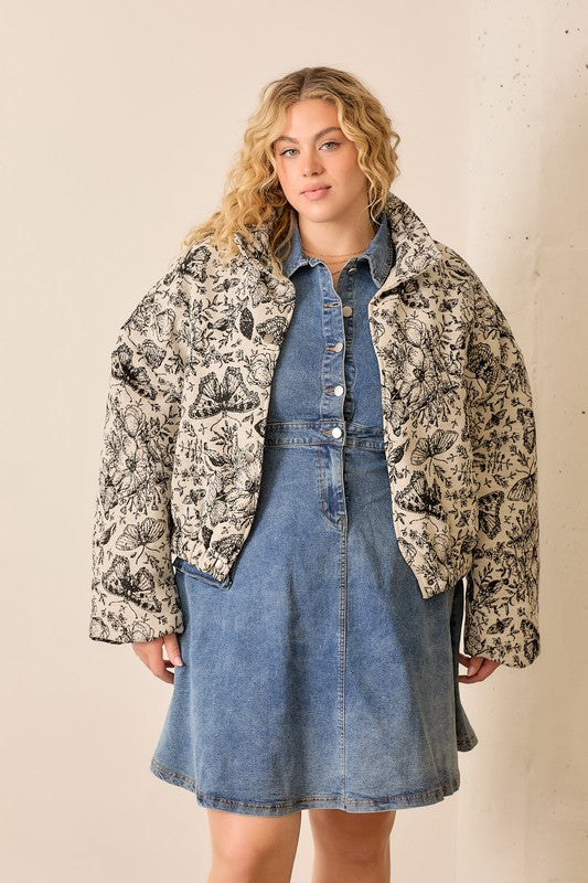 Floral Jacquard Puff Jacket (Plus Size)