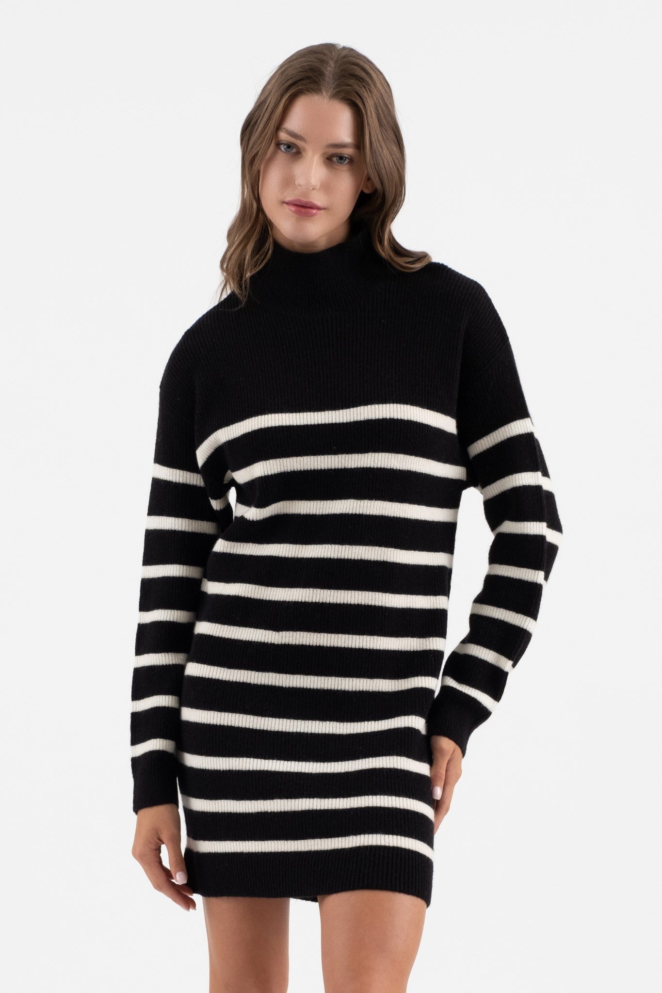 Stripe Mock Neck Long Sleeve Sweater Dress