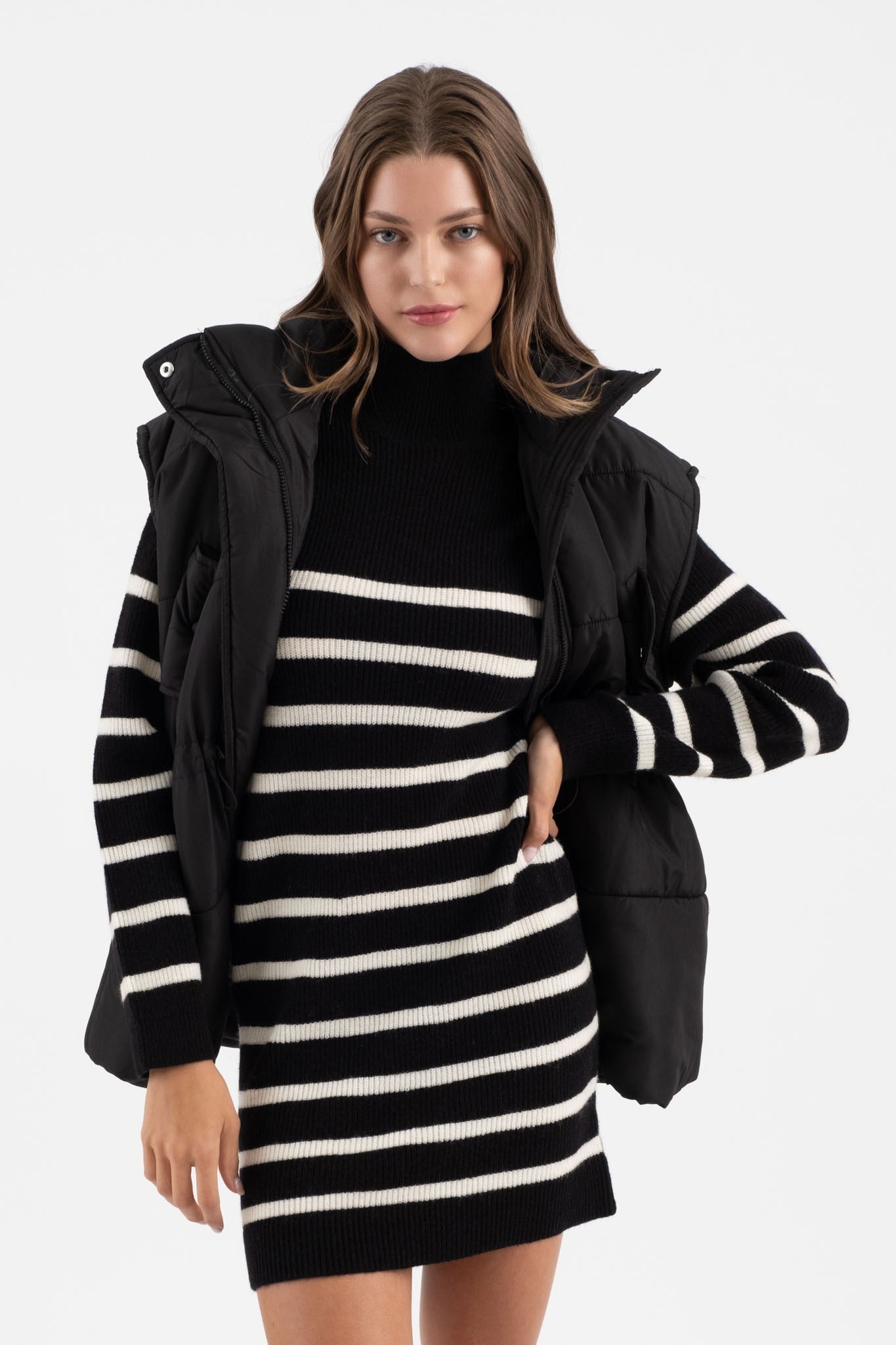 Stripe Mock Neck Long Sleeve Sweater Dress