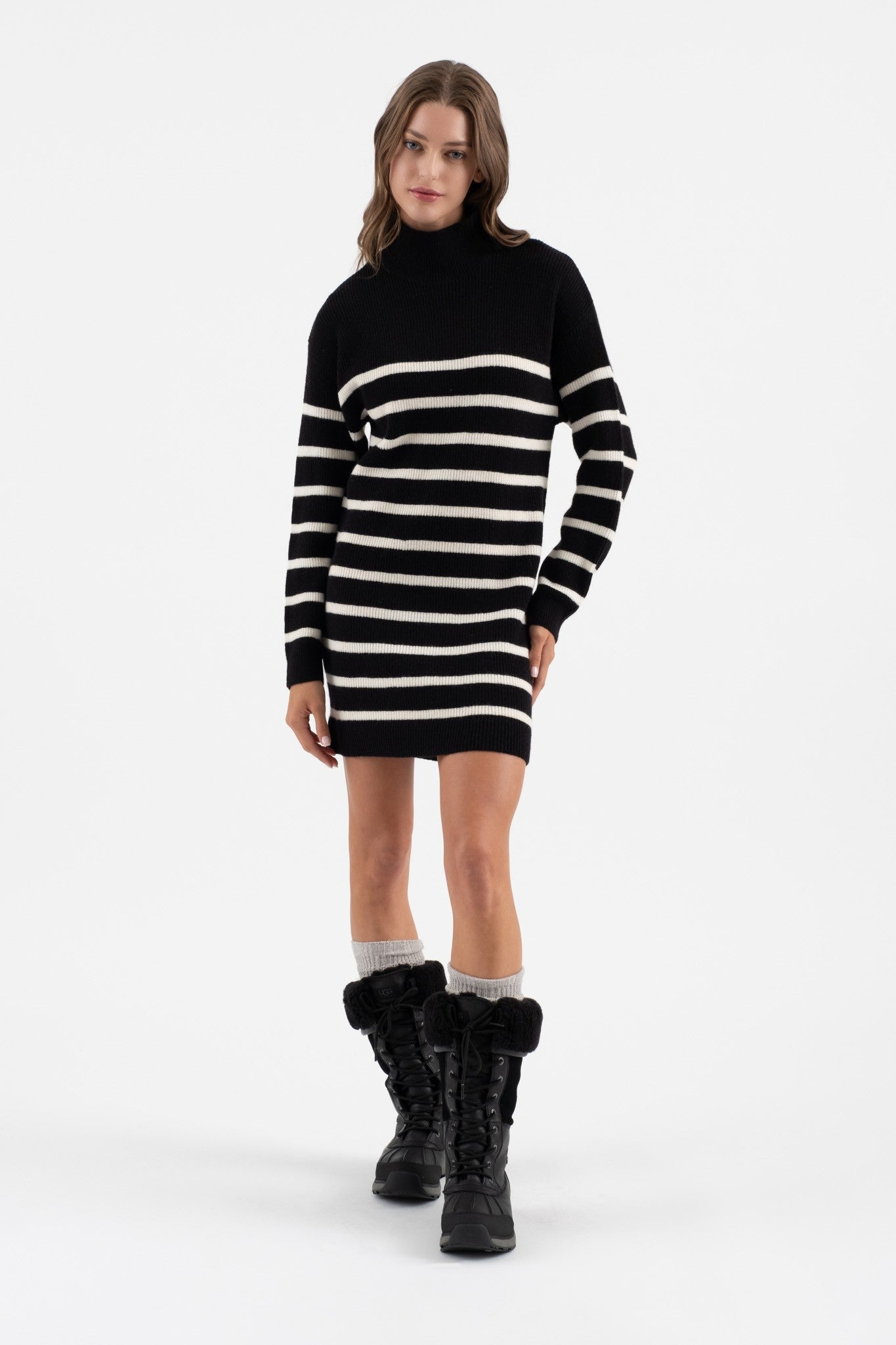 Stripe Mock Neck Long Sleeve Sweater Dress