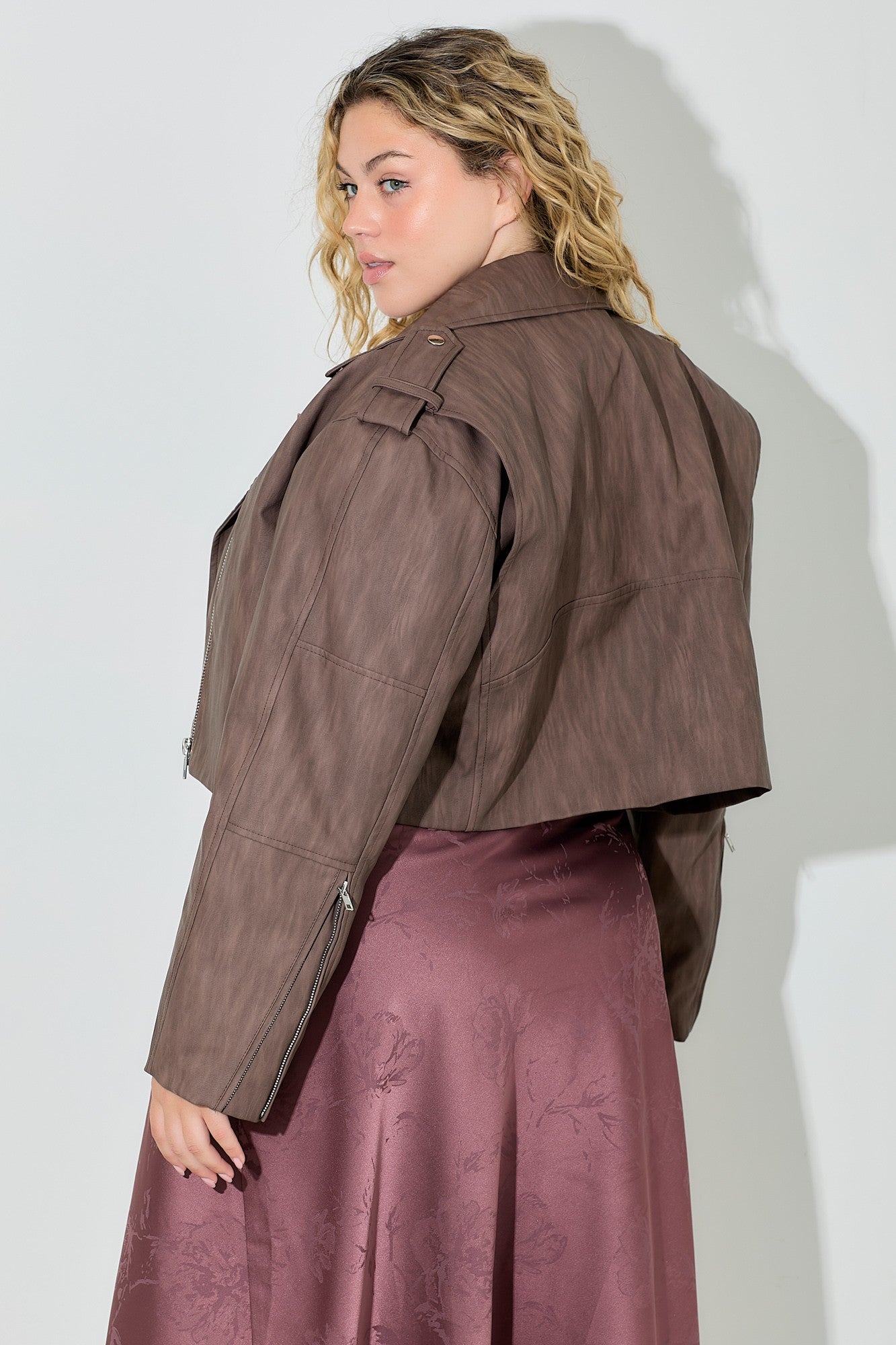 Washed Faux Leather Moto Jacket (Plus Size)