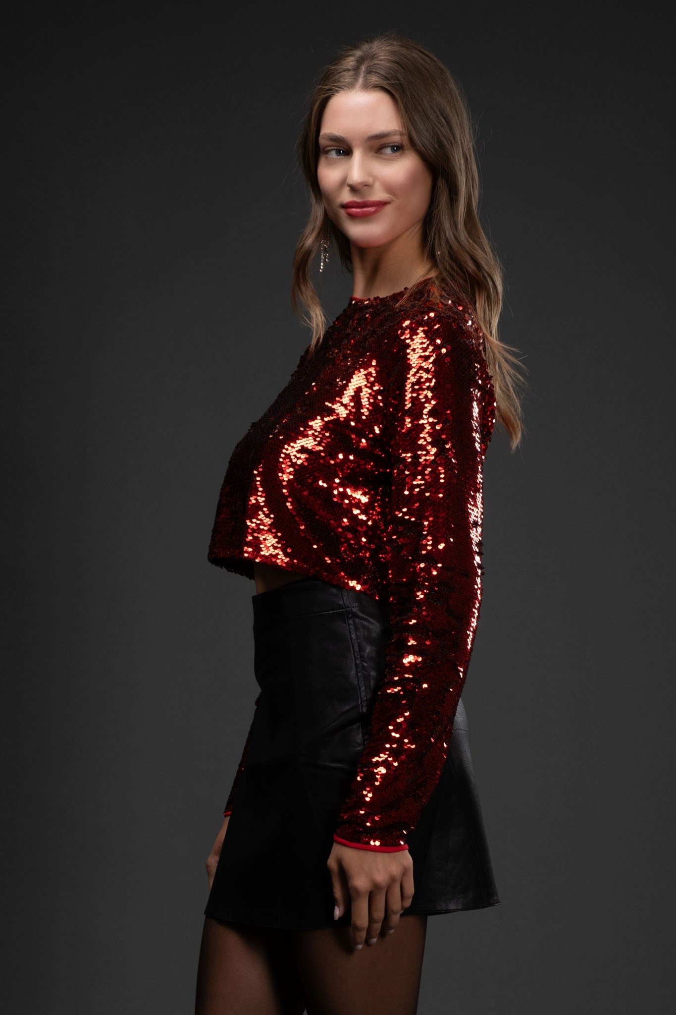 Red Sequin Long Sleeve Crop Top