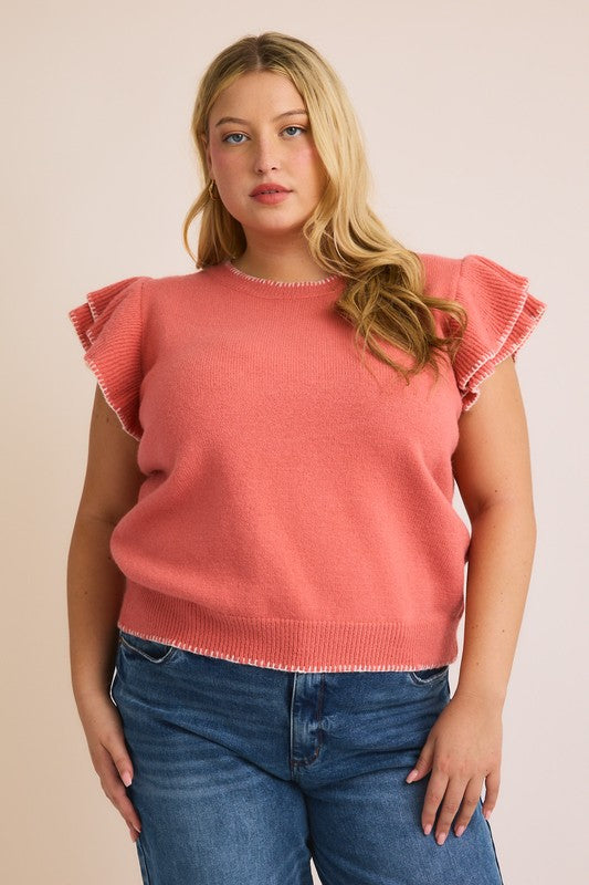 Double Flutter Sleeve Knit Top (Plus Size)