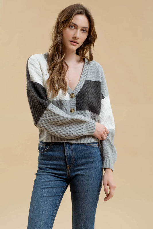 Colorblock Patchwork Cable Knit Cardigan (Grey)