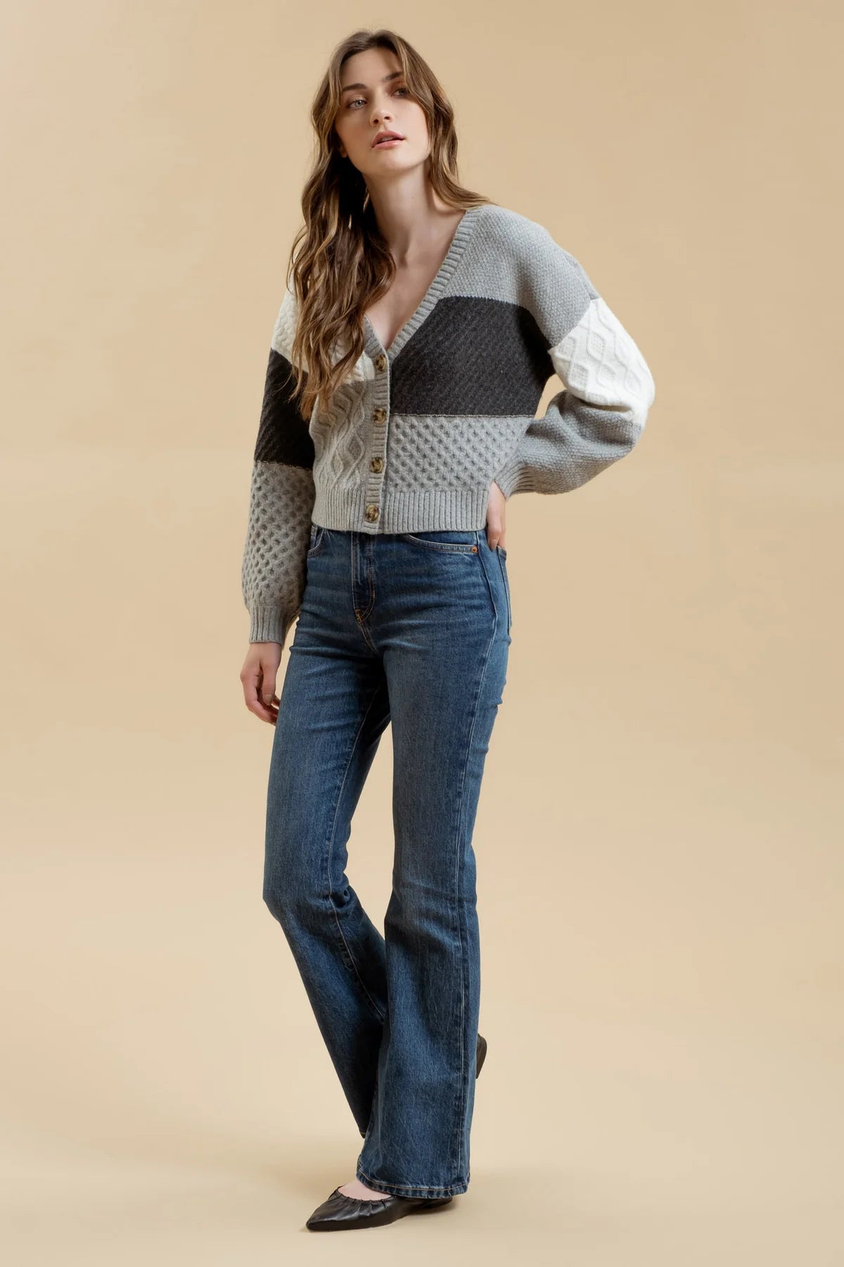 Colorblock Patchwork Cable Knit Cardigan (Grey)