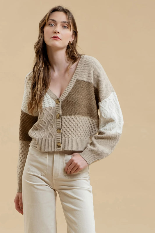 Colorblock Patchwork Cable Knit Cardigan (Taupe)