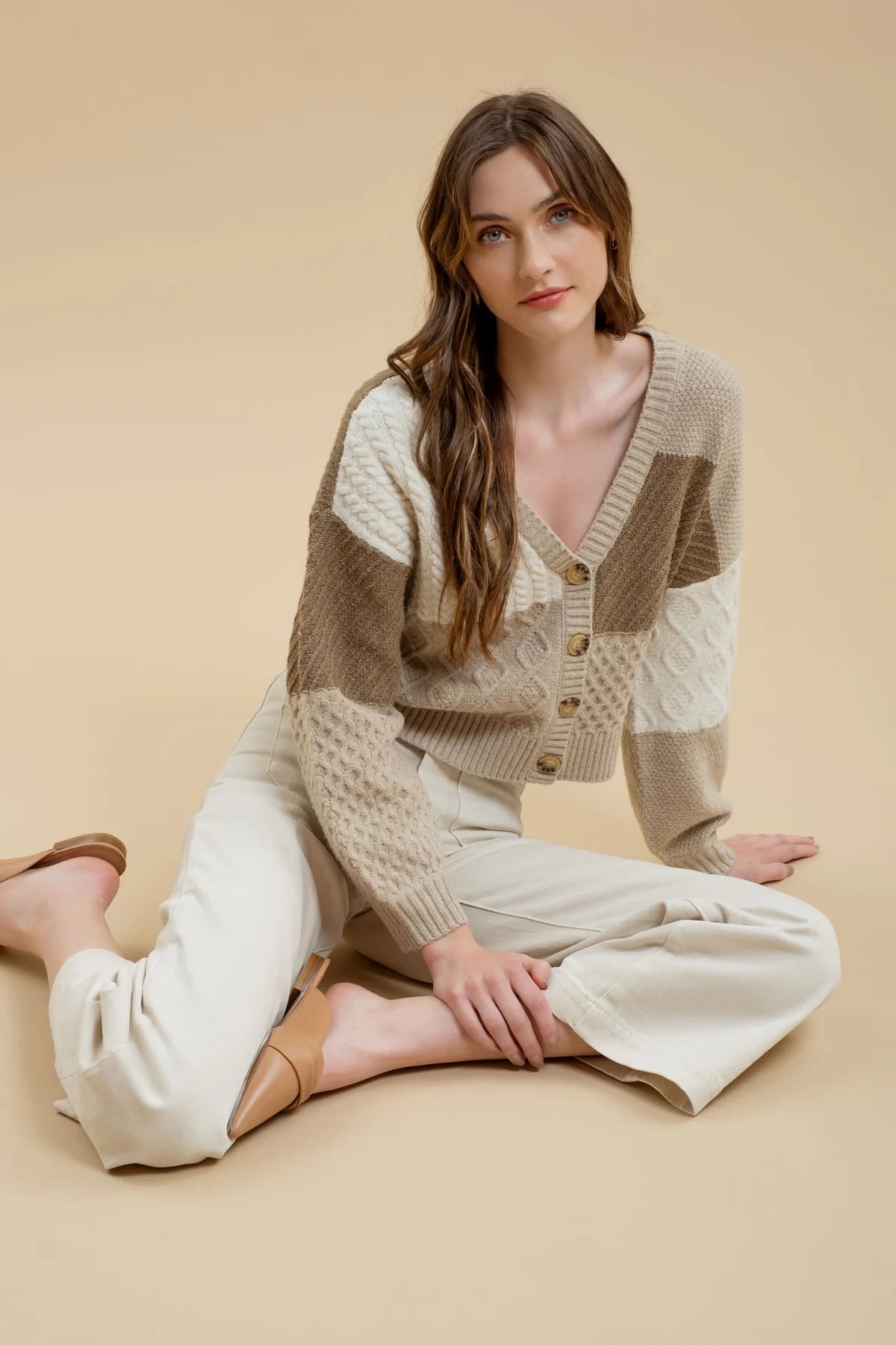 Colorblock Patchwork Cable Knit Cardigan (Taupe)