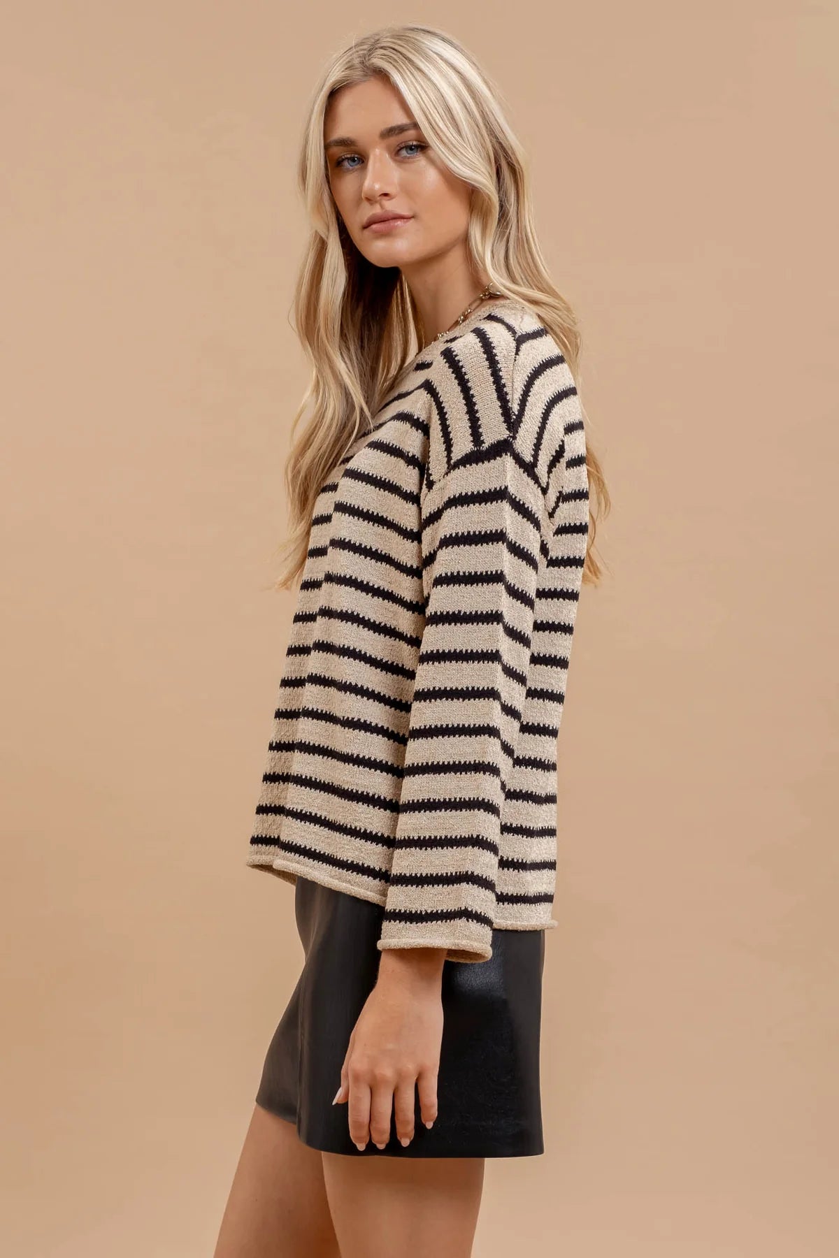 Stripe Boat Neck Drop Shoulder Knit Sweater