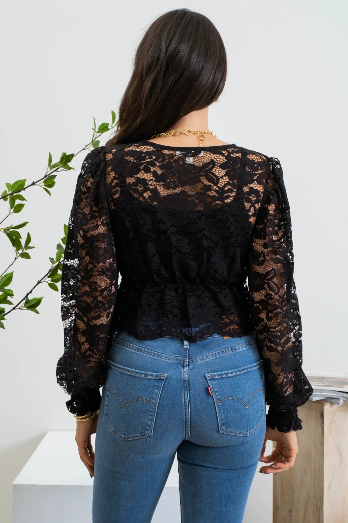 Lace Button Down Long Sleeve Cropped Top