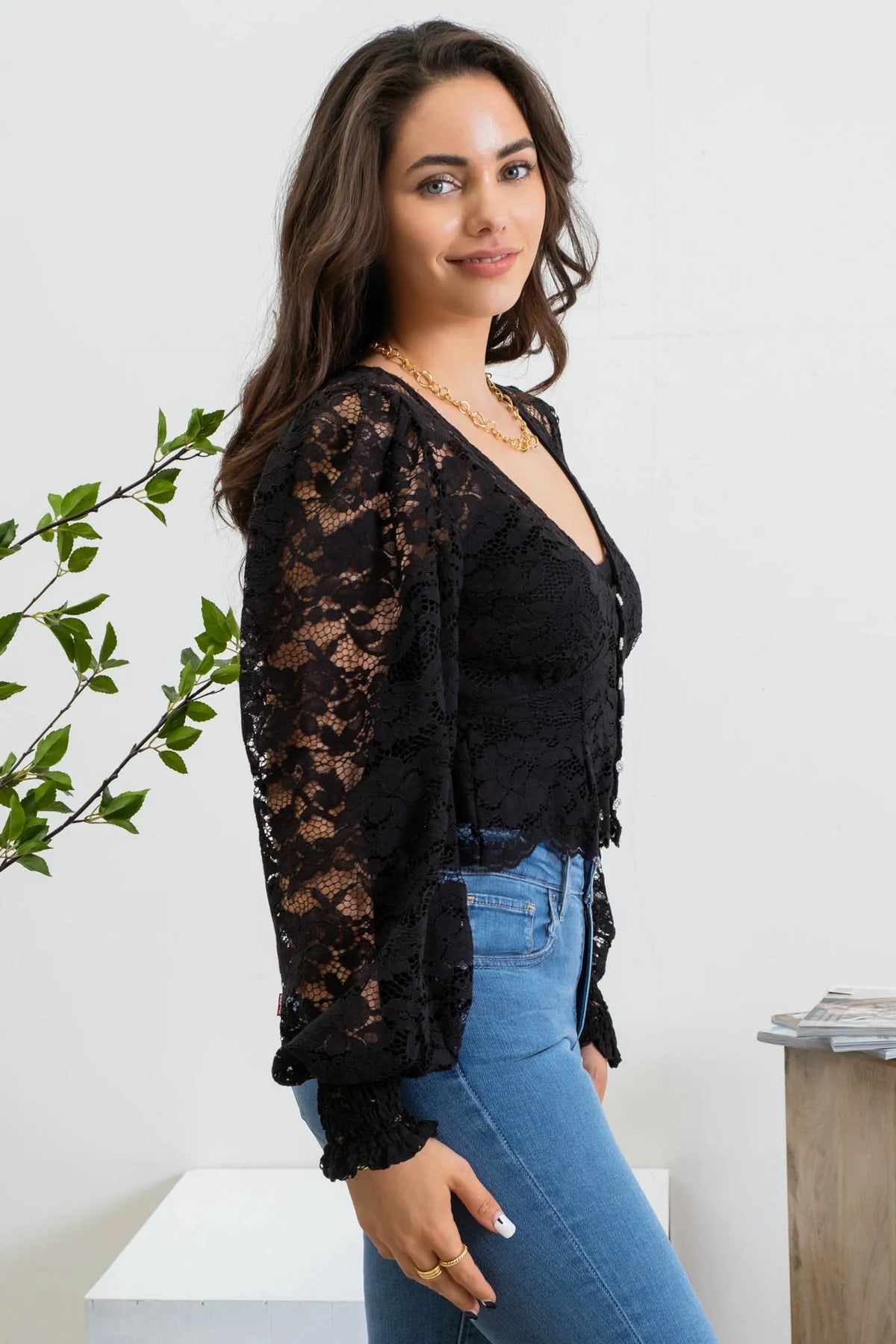 Lace Button Down Long Sleeve Cropped Top