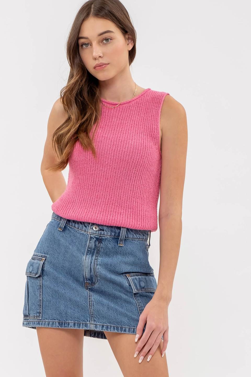 Lace Up Back Sleeveless Knit Top (Pink)